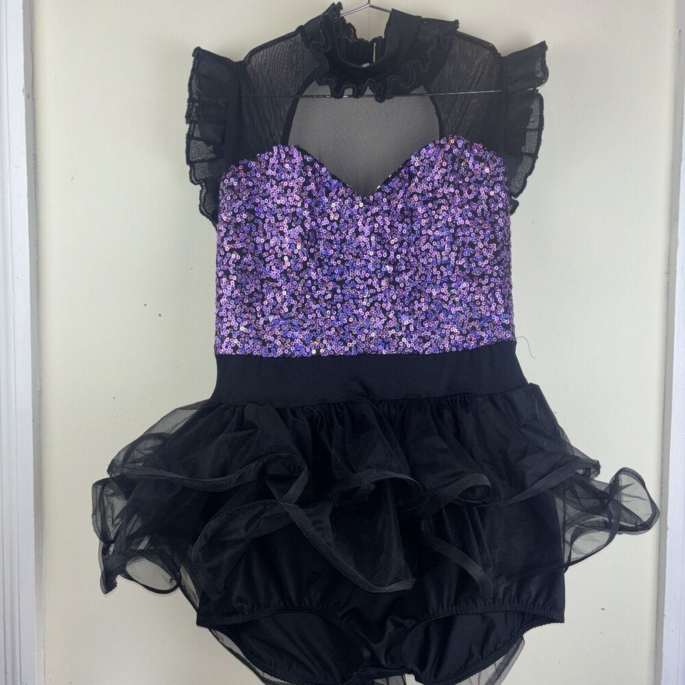 Art Stone Valerie Purple Black Sequin Dance Romper with Skirt Size LA Large